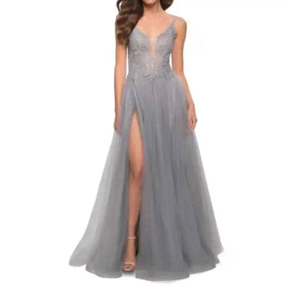 Le Femme NEW silver PROM DRESS embroidered tulle ballgown size 4